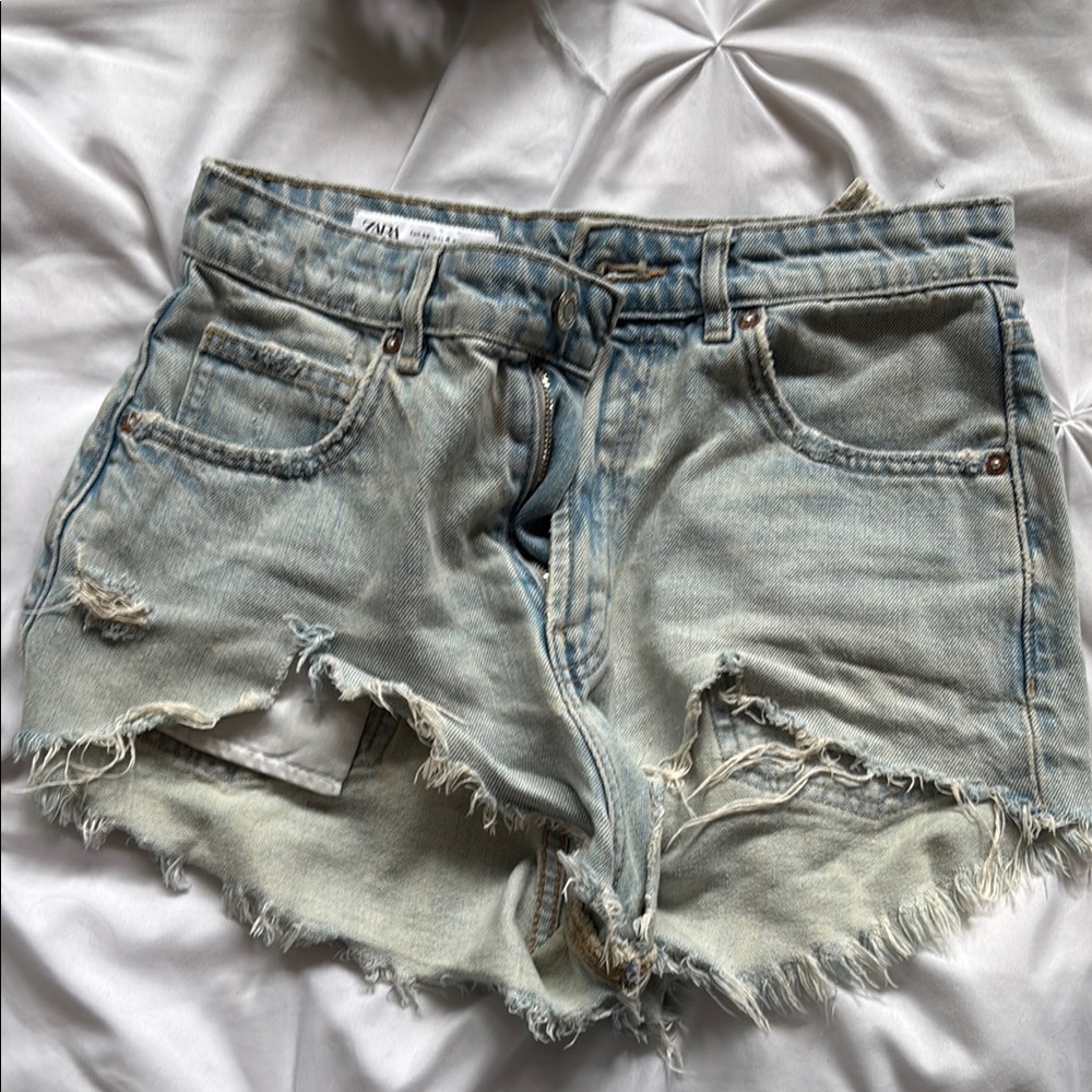 Zara Distressed Denim Shorts - Light Blue